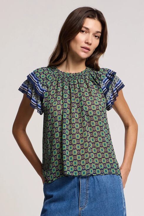 Graham & Spencer Tops - Velvet By Graham & Spencer Dahlia Blouse Women's Green Geometric Ruffle Size L